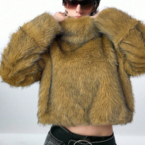 Camel Women's Long Sleeve fluffy faux fur Warm Jacket - Picture 3 of 7